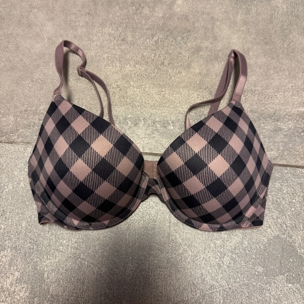 PINK Victoria’s Secret Wear Everywhere Push Up Bra Mocha Brown Black Plaid 32C - Picture 3 of 8